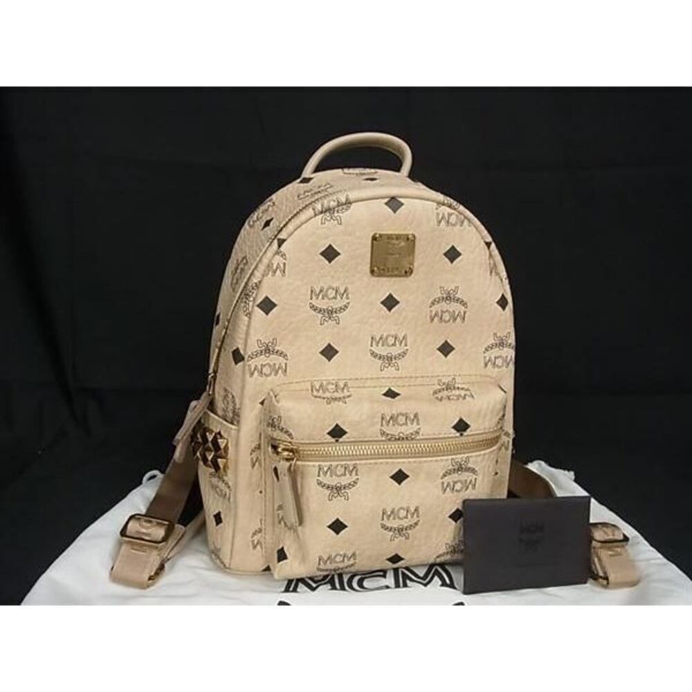 MCM Monogram Visetos Leather Studded Backpack Rucksack Daypack Daypack Beige